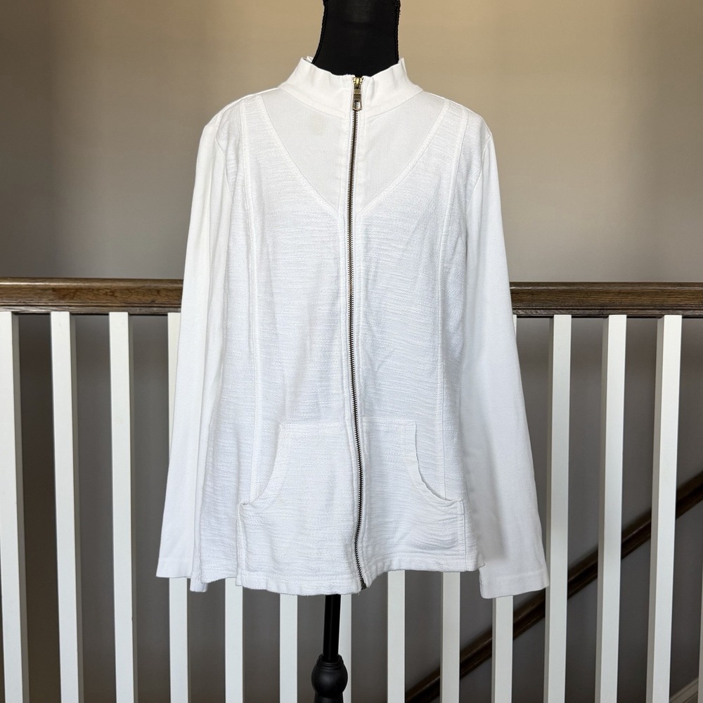 XCVI Wearable Lace Crochet Zip Up Jacket Medium White Cotton Stretch Boho